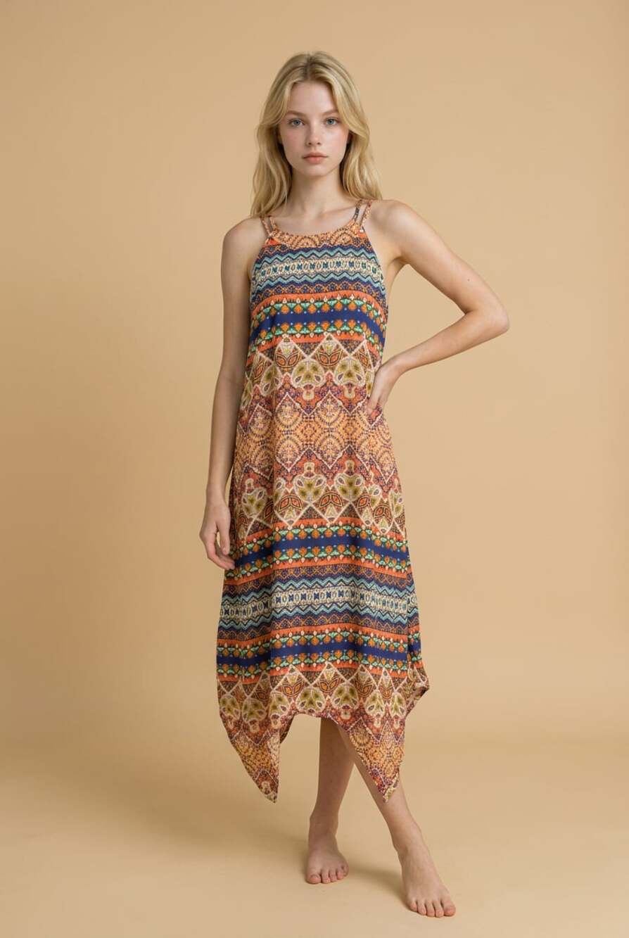 Sequin Hearts Multicolor Boho Print Handkerchief Hem Sleeveless Dress